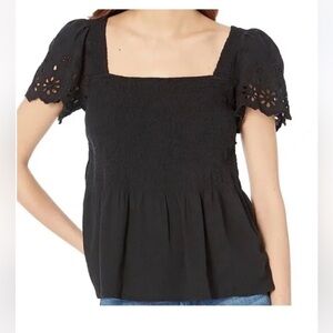 Madewell Eyelet-Sleeve Lucie Smocked Peplum Top, NWT, Size L, Black